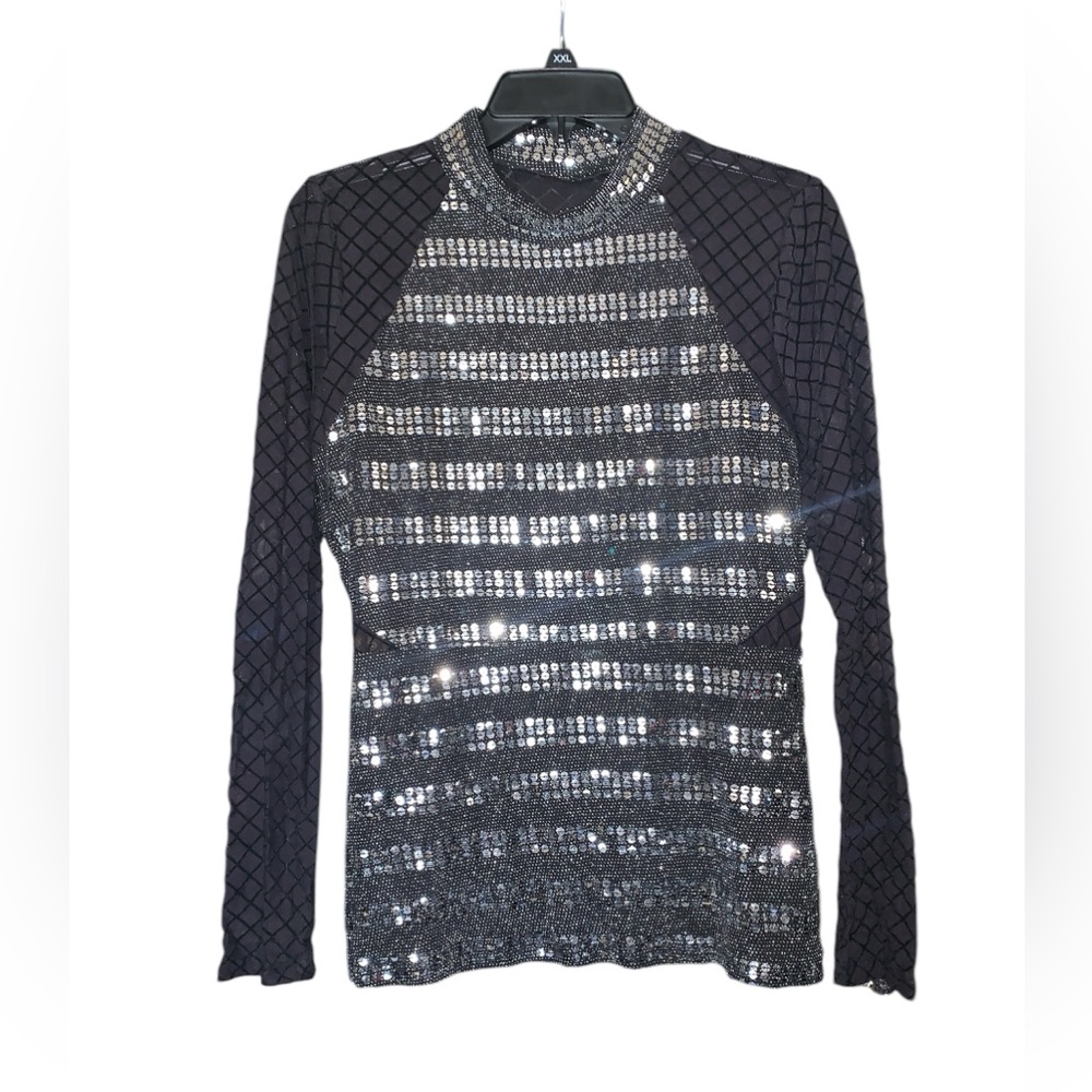 Venus Black And Silver Mesh‎ Sequin Long Sleeve Blouse Size Large